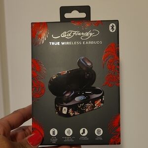 Ed Hardy Wireless Earbuds with Red and Black Design